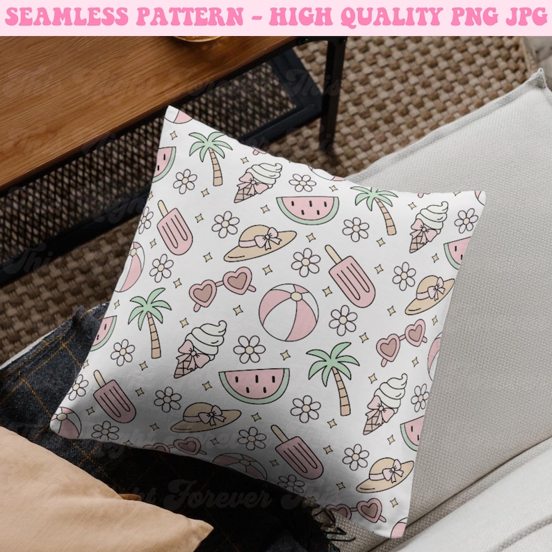 May include: White square pillow with a repeating pattern of summer-themed illustrations. The design includes pink ice cream cones, watermelon slices, sunglasses, beach balls, palm trees, and flowers. The text at the top reads "SEAMLESS PATTERN - HIGH QUALITY PNG JPG".