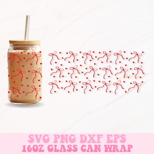 May include: A 16oz glass can wrap design featuring a pattern of red bows and hearts. The design is perfect for adding a touch of Valentine's Day cheer to your drinks.