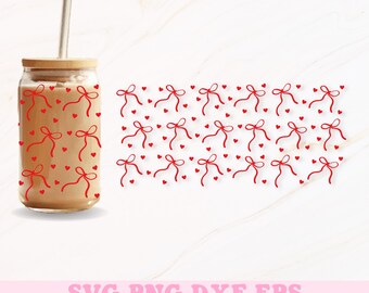 Mini Bows Glass Can Png, 16oz Glass Can Wrap, Valentines Bow Glass Can, Coquette Glass Can Png, Girly Png, Valentines Libbey Wrap, Red Bow