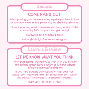 May include: Pink and white graphic with text. The top section says "Socials" and "COME HANG OUT", encouraging users to share creations and tag @thisnightforever. The bottom section says "Leave a Review" and "LET ME KNOW WHAT YOU THINK".