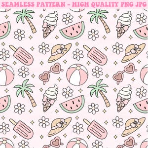 May include: A seamless pattern featuring summer-themed illustrations on a light pink background. The design includes ice cream cones, watermelon slices, sunglasses, beach balls, flowers, palm trees, sun hats, and popsicles. The text at the top says "SEAMLESS PATTERN - HIGH QUALITY PNG JPG".