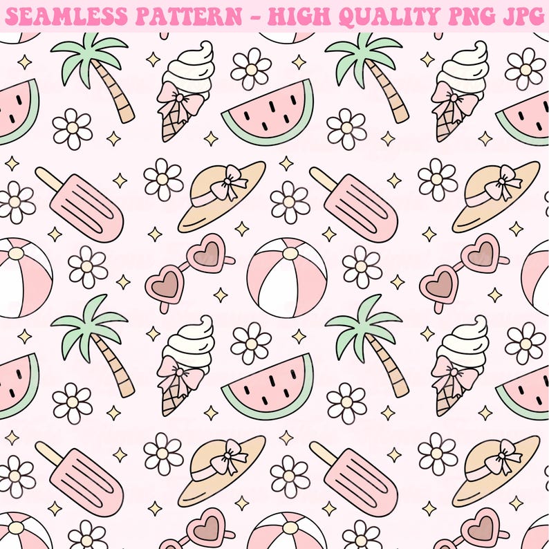 May include: A seamless pattern featuring summer-themed illustrations on a light pink background. The design includes ice cream cones, watermelon slices, sunglasses, beach balls, flowers, palm trees, sun hats, and popsicles. The text at the top says "SEAMLESS PATTERN - HIGH QUALITY PNG JPG".