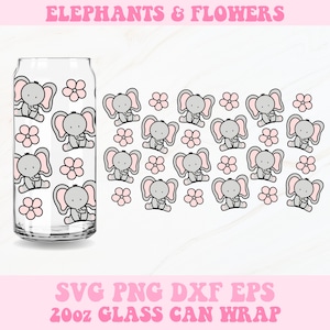 Puede incluir: Un diseño digital con un patrón de elefantes grises y flores rosas. El diseño es perfecto para una envoltura de lata de vidrio de 20 oz. El texto "Elephants & Flowers" y "SVG PNG DXF EPS 20oz Glass Can Wrap" está incluido en el diseño.
