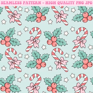 May include: A seamless pattern featuring candy canes, holly sprigs, and stars on a light blue background. The candy canes are red and white with pink bows. The holly sprigs are green with red berries. The stars are white.