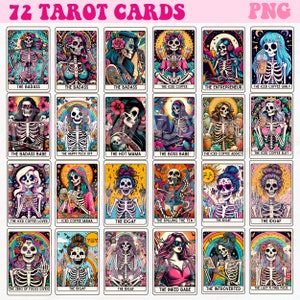 K&ouml;nnte beinhalten: Ein Set mit 72 Tarotkarten mit farbenfrohen Illustrationen von Skeletten mit verschiedenen Accessoires und Posen. Die Karten sind mit S&auml;tzen wie "The Badass", "The Iced Coffee" und "The IDGAF" betitelt.