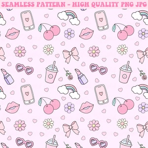 May include: A seamless pattern featuring a variety of cute pink and white illustrations on a light pink background. The illustrations include cherries, hearts, flowers, lips, sunglasses, a rainbow, a phone, a bow, a lipstick, and a cup with a straw.
