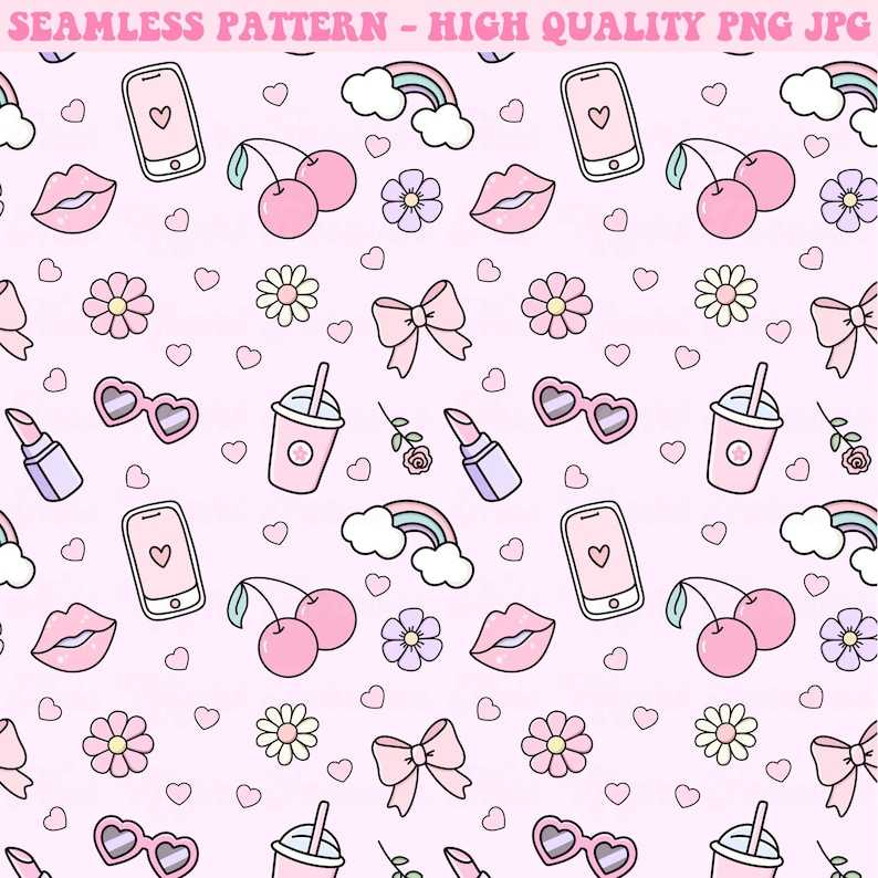 May include: A seamless pattern featuring a variety of cute pink and white illustrations on a light pink background. The illustrations include cherries, hearts, flowers, lips, sunglasses, a rainbow, a phone, a bow, a lipstick, and a cup with a straw.