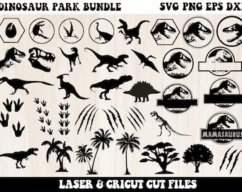Könnte beinhalten: Ein Satz schwarzer und weißer Dinosaurier-Silhouetten-SVG-, PNG-, EPS- und DXF-Schnittdateien. Das Set enthält Dinosaurier, Fußabdrücke, Krallen, Palmen und ein Jurassic Park-Logo. Der Text "LASER & CRICUT CUT FILES" befindet sich am unteren Rand des Bildes.