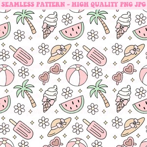 May include: Seamless pattern featuring summer-themed illustrations. The design includes ice cream cones, watermelon slices, sunglasses, beach balls, flowers, palm trees, and sun hats in pastel pink, beige, and green on a white background. The text "SEAMLESS PATTERN - HIGH QUALITY PNG JPG" is at the top.