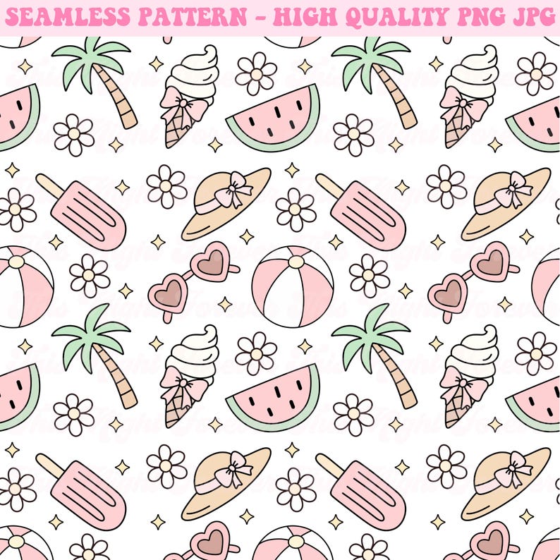 May include: Seamless pattern featuring summer-themed illustrations. The design includes ice cream cones, watermelon slices, sunglasses, beach balls, flowers, palm trees, and sun hats in pastel pink, beige, and green on a white background. The text "SEAMLESS PATTERN - HIGH QUALITY PNG JPG" is at the top.