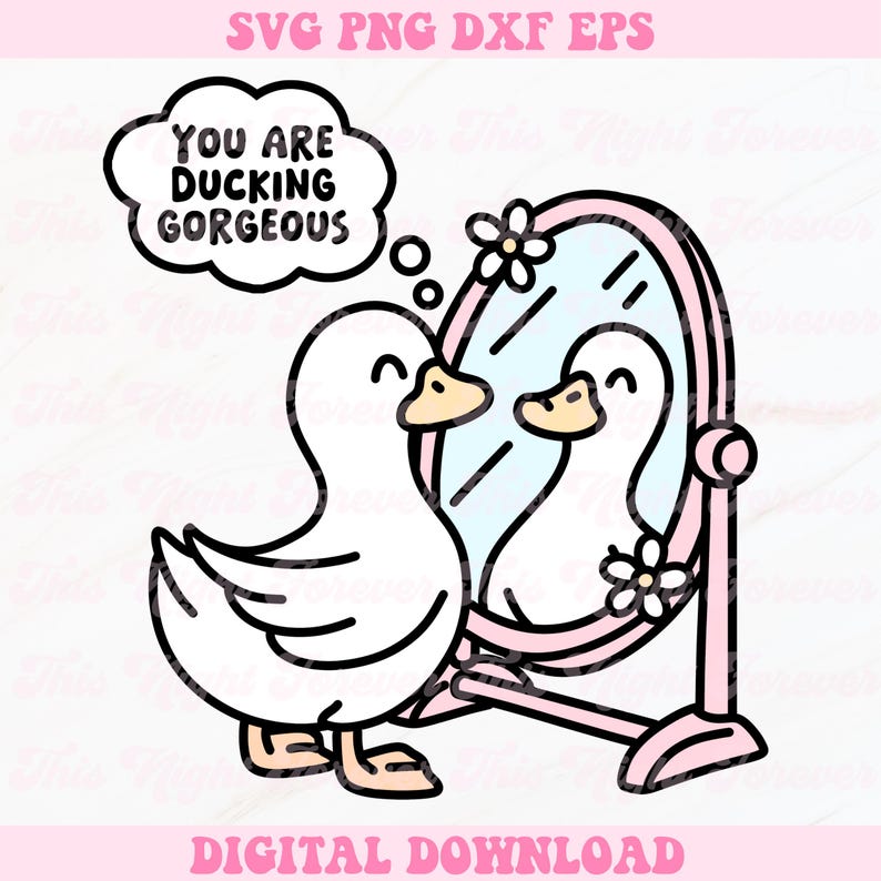 K&ouml;nnte beinhalten: Eine wei&szlig;e Ente mit rosa Akzenten schaut in einen rosa Spiegel mit den Worten "You are ducking gorgeous" in einer Gedankenblase &uuml;ber der Ente.