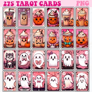 Op de afbeelding: Een set van 275 tarotkaarten met schattige, cartoonachtige illustraties van geesten, pompoenen en drankjes. De kaarten hebben een roze achtergrond met witte randen en zijn gelabeld met "GHOST" en "275 TAROT CARDS".