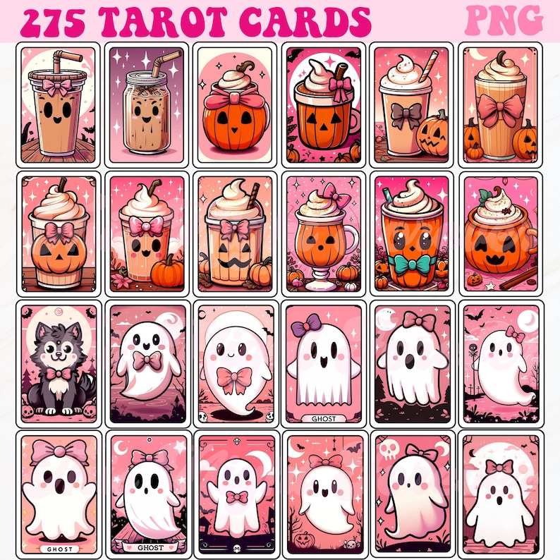 Op de afbeelding: Een set van 275 tarotkaarten met schattige, cartoonachtige illustraties van geesten, pompoenen en drankjes. De kaarten hebben een roze achtergrond met witte randen en zijn gelabeld met "GHOST" en "275 TAROT CARDS".