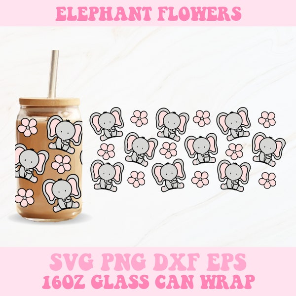 Elephants Glass Can Wrap Svg, Elephants Libbey Wrap Svg, Libbey Glass Wrap, Glass Can Svg, Elephant Flowers Svg, 16oz Glass Can Wrap, Svg