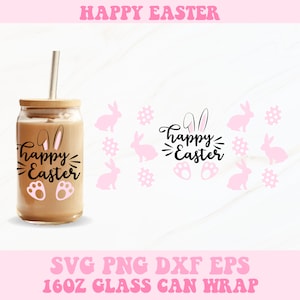 May include: A pink and white 16oz glass can wrap with the text "Happy Easter" and bunny ears. The design also includes pink bunny silhouettes and floral designs.