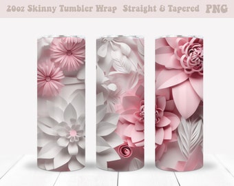 May include: Three 20oz skinny tumbler wraps featuring a pink and white paper flower design. The design is a close-up of the flowers with a variety of sizes and shapes.