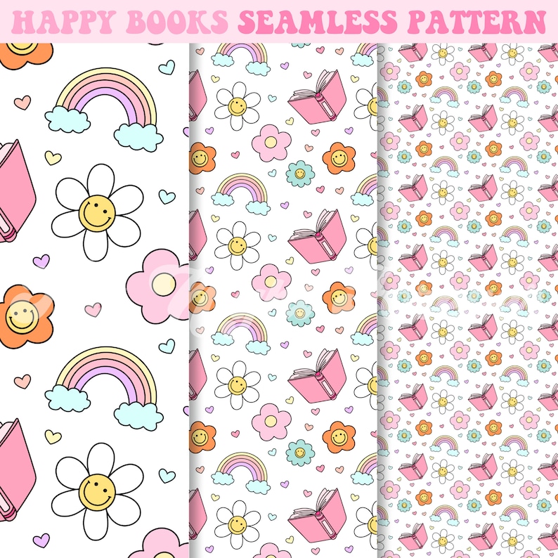 May include: Three seamless patterns featuring a pink book, rainbow, smiley face, and flowers. The patterns are on a white background.