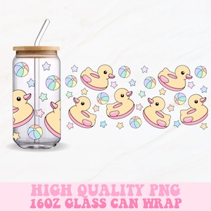 May include: A 16oz glass can wrap featuring a repeating pattern of yellow rubber duckies, pastel rainbow beach balls, and pink stars. The design is perfect for a summer party or poolside.