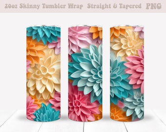 May include: Three 20oz skinny tumbler wraps featuring a floral design with pink, yellow, orange, and blue flowers.
