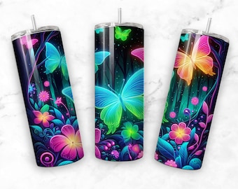 Butterflies Neon Tumbler Wrap, Butterfly Tumbler Wrap, 20 oz Skinny Tumbler, Sublimation Design, Neon Butterfly Png, Butterfly Tumbler Png