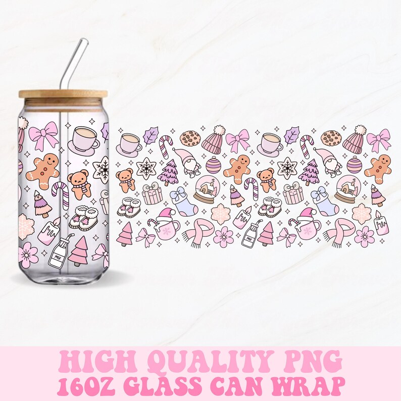 May include: A clear glass can-shaped cup with a bamboo lid and a straw. The cup is decorated with a repeating pattern of Christmas-themed illustrations in pink, brown, and white. The text at the bottom reads "HIGH QUALITY PNG 16OZ GLASS CAN WRAP."