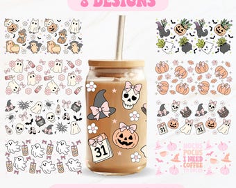 May include: A glass can wrap with Halloween-themed designs, including ghosts, pumpkins, and witch hats. The image features the text "HALLOWEEN 8 DESIGNS" and "SVG PNG DXF EPS 16OZ GLASS CAN WRAP". The can has a wooden lid and a straw.