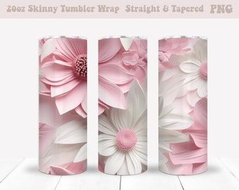 May include: A 20oz skinny tumbler wrap design featuring a pink and white floral pattern. The design features paper flowers with a 3D effect.