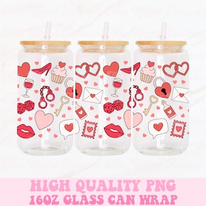 May include: Three clear glass can wraps with bamboo lids and straws. Each wrap features a repeating pattern of red hearts, lips, high heels, cupcakes, and other Valentine's Day themed graphics. The text "HIGH QUALITY PNG 16OZ GLASS CAN WRAP" is at the bottom.