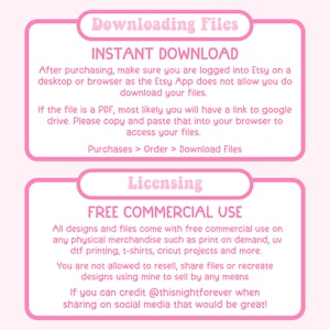 Op de afbeelding: Roze en witte afbeelding met de tekst "Bestanden downloaden" en "Direct downloaden". De tekst legt uit hoe je digitale bestanden kunt downloaden na aankoop bij Etsy. De afbeelding bevat ook de tekst "Licentie" en "Gratis commercieel gebruik" met details over het commercieel gebruik van de digitale bestanden.