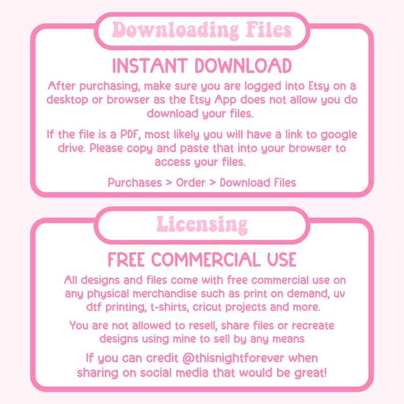 Op de afbeelding: Roze en witte afbeelding met de tekst "Bestanden downloaden" en "Direct downloaden". De tekst legt uit hoe je digitale bestanden kunt downloaden na aankoop bij Etsy. De afbeelding bevat ook de tekst "Licentie" en "Gratis commercieel gebruik" met details over het commercieel gebruik van de digitale bestanden.