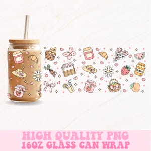 May include: A glass can with a wooden lid and a straw, decorated with a repeating pattern of picnic-themed illustrations. The design includes strawberries, honey jars, croissants, and a text that says "HIGH QUALITY PNG 16OZ GLASS CAN WRAP".