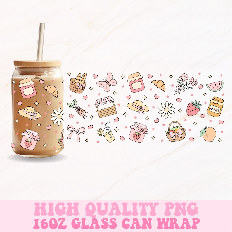 May include: A glass can with a wooden lid and a straw, decorated with a repeating pattern of picnic-themed illustrations. The design includes strawberries, honey jars, croissants, and a text that says "HIGH QUALITY PNG 16OZ GLASS CAN WRAP".