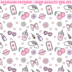 May include: A seamless pattern featuring a variety of cute pink and white illustrations, including cherries, flowers, hearts, lips, sunglasses, a bow, a rainbow, a phone, a lipstick, and a cup with a straw.