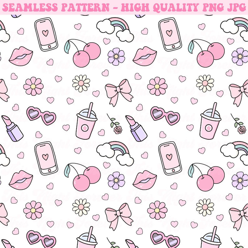 May include: A seamless pattern featuring a variety of cute pink and white illustrations, including cherries, flowers, hearts, lips, sunglasses, a bow, a rainbow, a phone, a lipstick, and a cup with a straw.