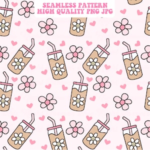 Könnte beinhalten: Nahtloses Muster mit sich wiederholenden Illustrationen von Eiskaffeegetränken mit Gänseblümchen-Designs, rosa Blumen und Herzen auf hellrosa Hintergrund. Der Text "SEAMLESS PATTERN HIGH QUALITY PNG JPG" befindet sich oben.