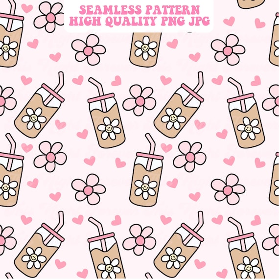 Girly Iced Coffee Seamless Pattern, Seamless Pattern Png, Girly Pattern, Iced Coffee Pattern, Seamless Pattern PNG, JPG