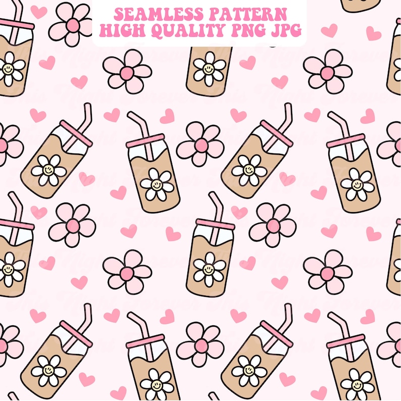 May include: A seamless pattern featuring repeating illustrations of iced coffee drinks with daisy designs, pink flowers, and hearts on a light pink background. The text "SEAMLESS PATTERN HIGH QUALITY PNG JPG" is at the top.