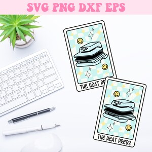 May include: Two rectangular stickers with a light blue checkered background, featuring a heat press illustration, smiley faces, and stars. The text "THE HEAT PRESS" is at the bottom. The top of the image has the text "SVG PNG DXF EPS".