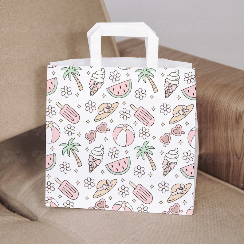 May include: White paper gift bag with a repeating pattern of summer-themed illustrations. The pattern includes pink ice cream cones, watermelon slices, palm trees, sunglasses, and flowers. The bag has a white handle.