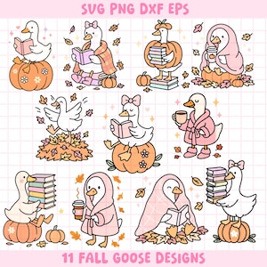 May include: A collection of 11 fall-themed goose designs in SVG, PNG, DXF, and EPS formats. The illustrations feature cartoon geese with books, pumpkins, and autumn leaves. Some geese are wearing robes or holding coffee cups, all in a cute, whimsical style.