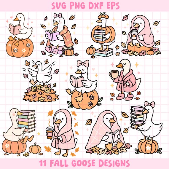 Fall Goose Clipart Bundle: Silly Goose Designs for T-Shirts, Stickers, Bookish Goose Svg, Fall Svg Files, Fall Clipart, Girly Goose Desig