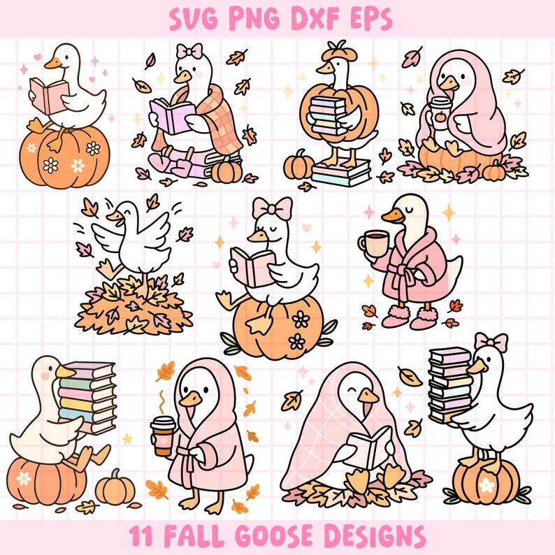 May include: A collection of 11 fall-themed goose designs in SVG, PNG, DXF, and EPS formats. The illustrations feature cartoon geese with books, pumpkins, and autumn leaves. Some geese are wearing robes or holding coffee cups, all in a cute, whimsical style.