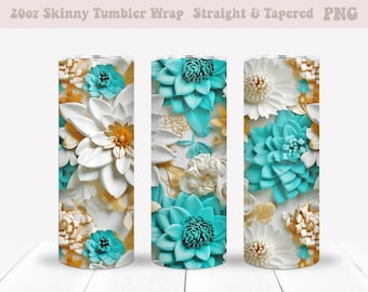 May include: A sublimation design featuring a pattern of white, gold, and turquoise paper flowers. The design is suitable for a 20 oz skinny tumbler.