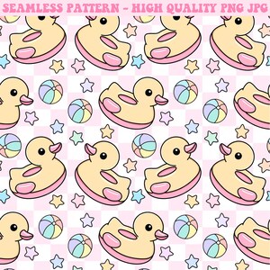 May include: Seamless pattern featuring cartoon yellow duck pool floats with pink accents, beach balls, and stars on a pink and white checkered background. The text "SEAMLESS PATTERN - HIGH QUALITY PNG JPG" is at the top.