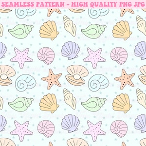 May include: A seamless pattern featuring various seashells and starfish in pastel colors, including light blue, peach, and lavender, set against a light blue background with tiny stars. The text "SEAMLESS PATTERN - HIGH QUALITY PNG JPG" is at the top.