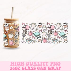 Lata de vidrio para café con libros en formato PNG, envoltura de lata de vidrio de 16 oz, chica literaria en formato PNG, lata de vidrio coqueta en formato PNG, chica en formato PNG, envoltura de lata de vidrio, diseño de lata de vidrio