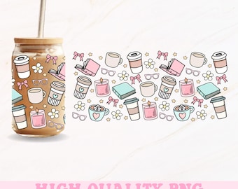 Books Coffee Glass Can Png, 16oz Glass Can Wrap, Bookish Girly Png, Coquette Glass Can Png, Girly Png, Glass Can Wrap, Glass Can Design