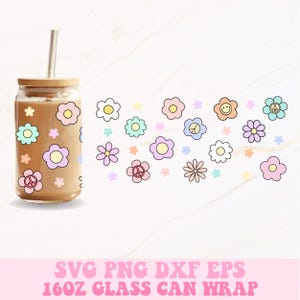 Retro Flowers Glass Can Svg, Flower Libbey Wrap Svg, Libbey Glass Wrap, Glass Can Svg, Flower Svg, 16oz Glass Can Wrap, Summer Glass Can Svg