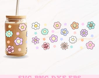 Retro Flowers Glass Can Svg, Flower Libbey Wrap Svg, Libbey Glass Wrap, Glass Can Svg, Flower Svg, 16oz Glass Can Wrap, Summer Glass Can Svg