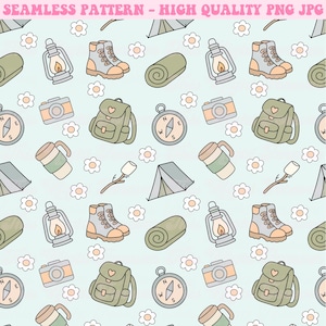 May include: Seamless pattern featuring camping-themed illustrations on a light blue background. The design includes a lantern, hiking boots, a rolled-up sleeping bag, a camera, a backpack, a compass, a mug, a marshmallow on a stick, a tent, and white flowers. The text "SEAMLESS PATTERN - HIGH QUALITY PNG JPG" is at the top.